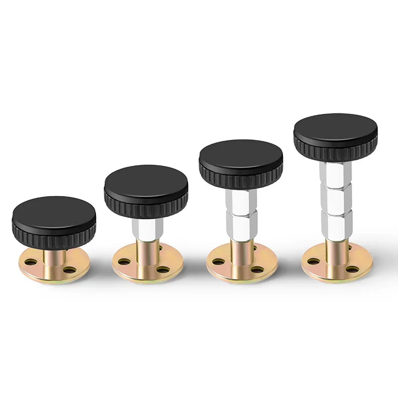 A set of black and silver adjustable bed stabilizers or furniture mounts.