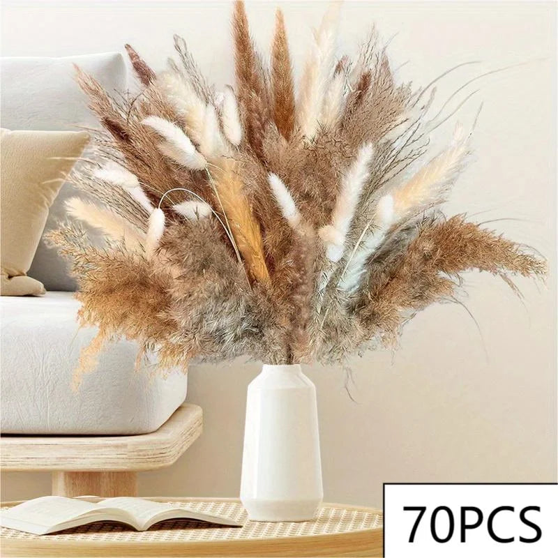 Dried flower bouquet featuring feathery pampas grass in shades of brown, beige, and white