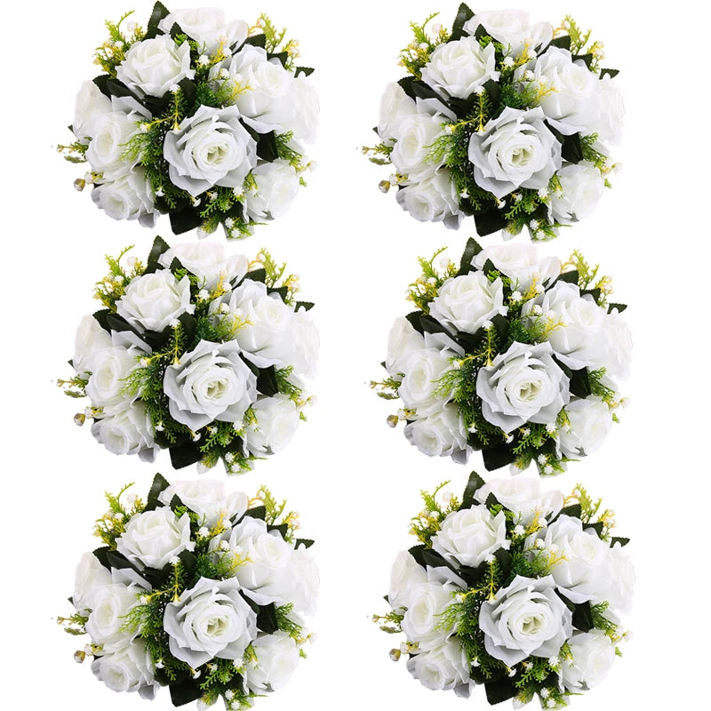 A set of six white rose ball centerpieces featuring silk artificial flowers and greenery.