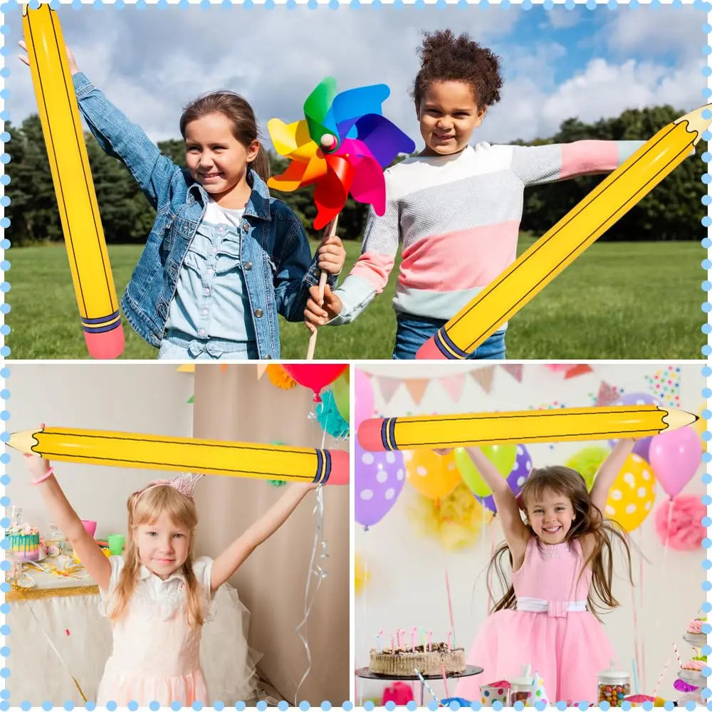 Dos niños sosteniendo lápices amarillos inflables gigantes y globos para decoración escolar o de graduación