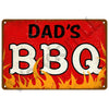 A rectangular metal sign with a red background featuring the text DAD'S BBQ in large white letters over a stylized orange and