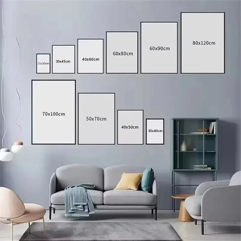 A gallery wall display of framed canvas art featuring Michael Myers from horror movies on a gray wall.