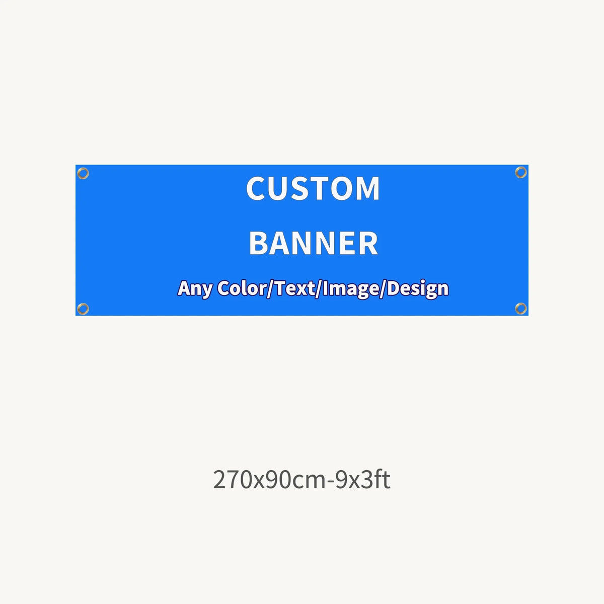 A rectangular blue banner mockup for custom printing with metal grommets.