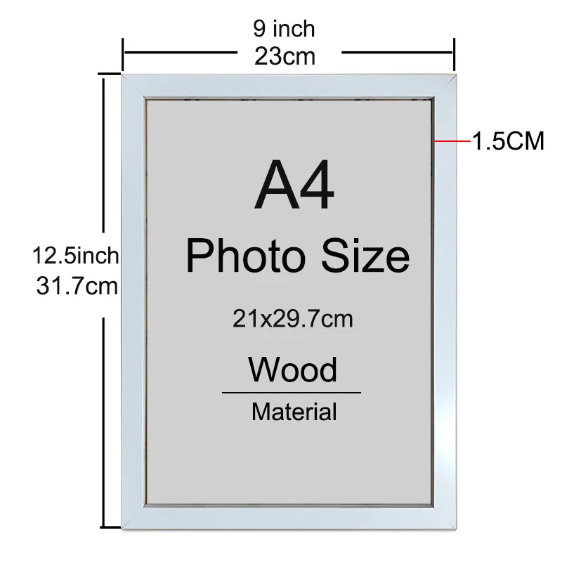 A rectangular wooden photo frame with a silver border and an A4 size, measuring 21x29.7cm.