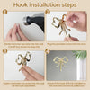 Instructions showing how to install an elegant brass bowknot wall hook into a wall.