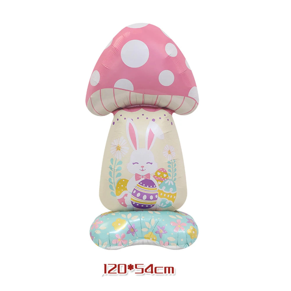 A set of cartoon white bunny foil balloons shaped like mushrooms and a base.