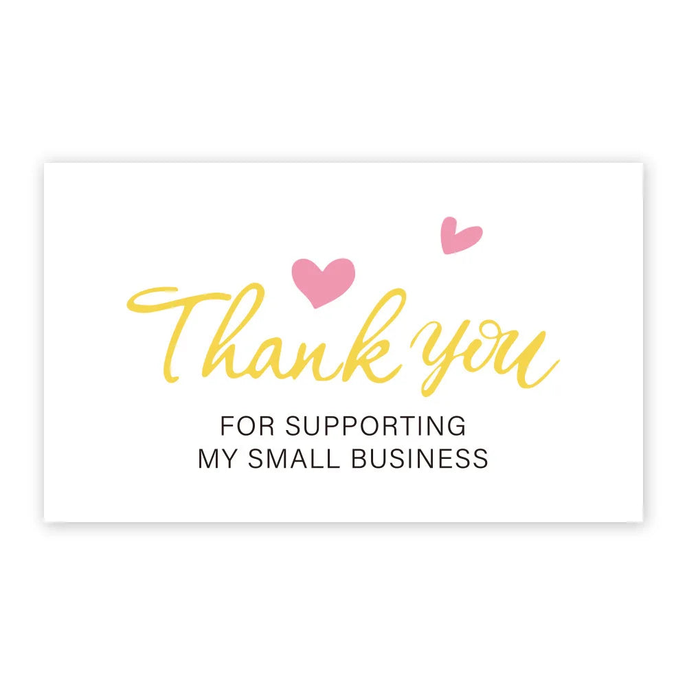 Pink cursive text on a white card saying Thank you for supporting my small business