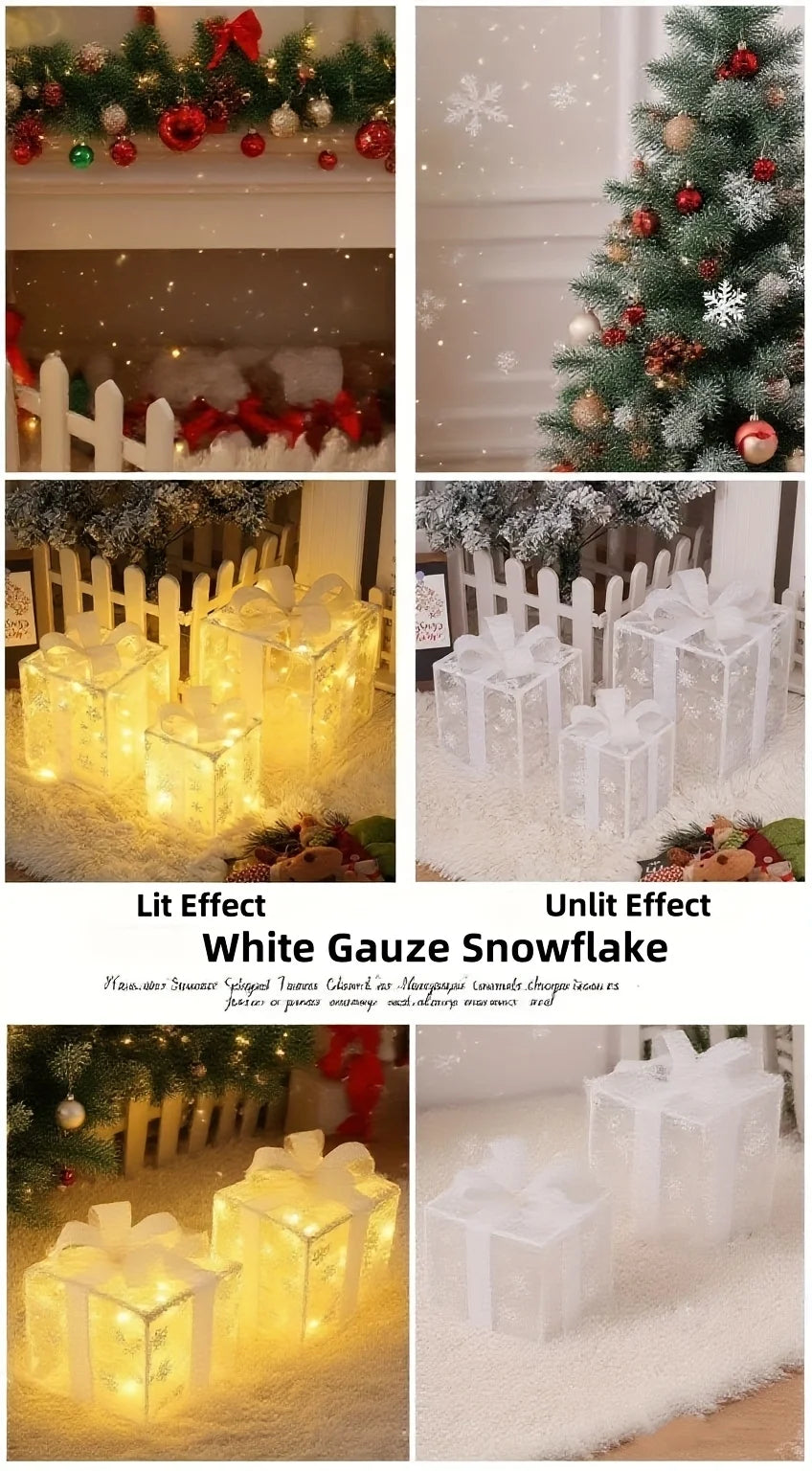 Three clear LED light-up Christmas gift boxes displayed on a white fluffy surface.