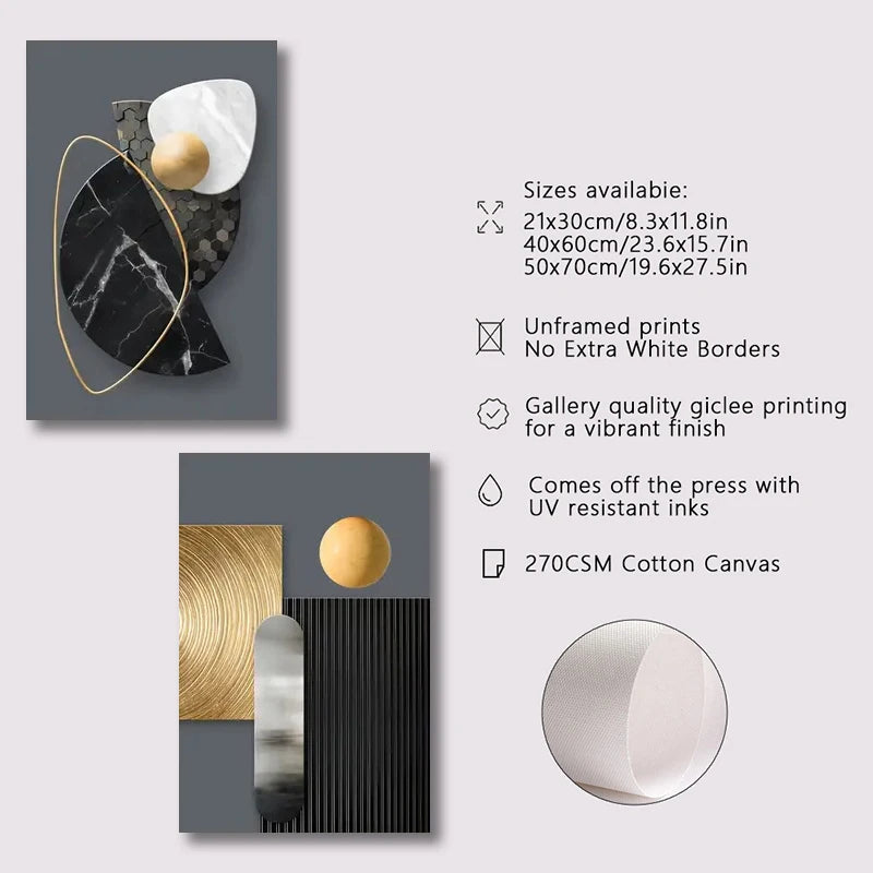 Three abstract marble geometry prints displayed on a gray background with size options and printing details.