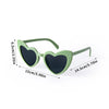 Mint green heart-shaped sunglasses with dark lenses shown with size measurements.