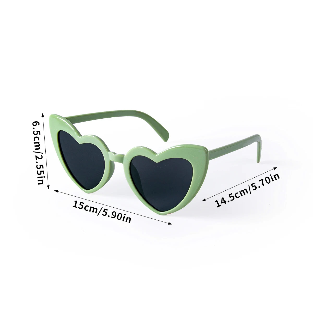 Mint green heart-shaped sunglasses with dark lenses shown with size measurements.