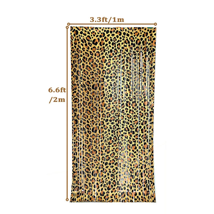 A vertical banner featuring a leopard print pattern used for party decorations.