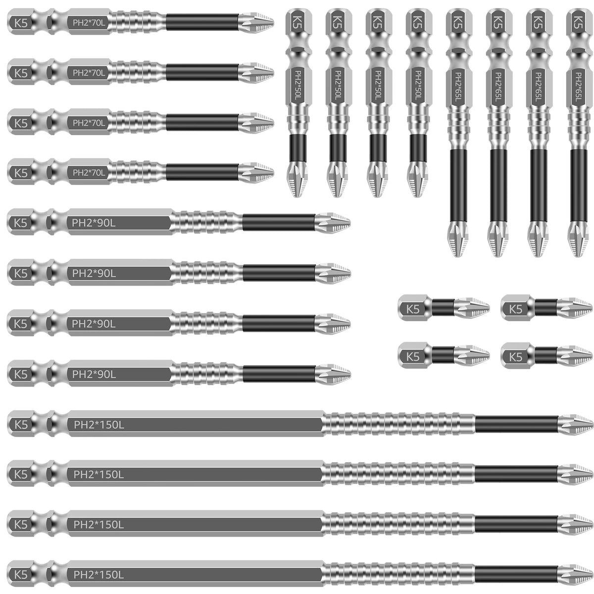 A collection of impact screwdriver bits in various sizes and lengths, packaged with K5 handles.