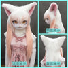 A customizable white and pink furry cosplay head with detachable paws shown from the front, side, and back angles.