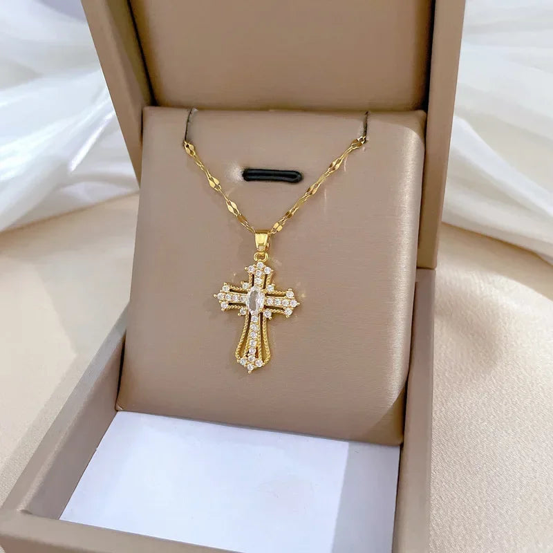 Gold Stainless Steel Crystal Cross Pendant Necklace