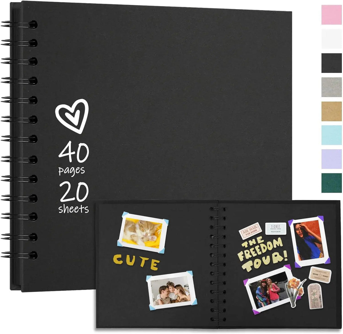 A black spiral-bound scrapbook album with 40 pages and 20 sheets, featuring decorative elements.