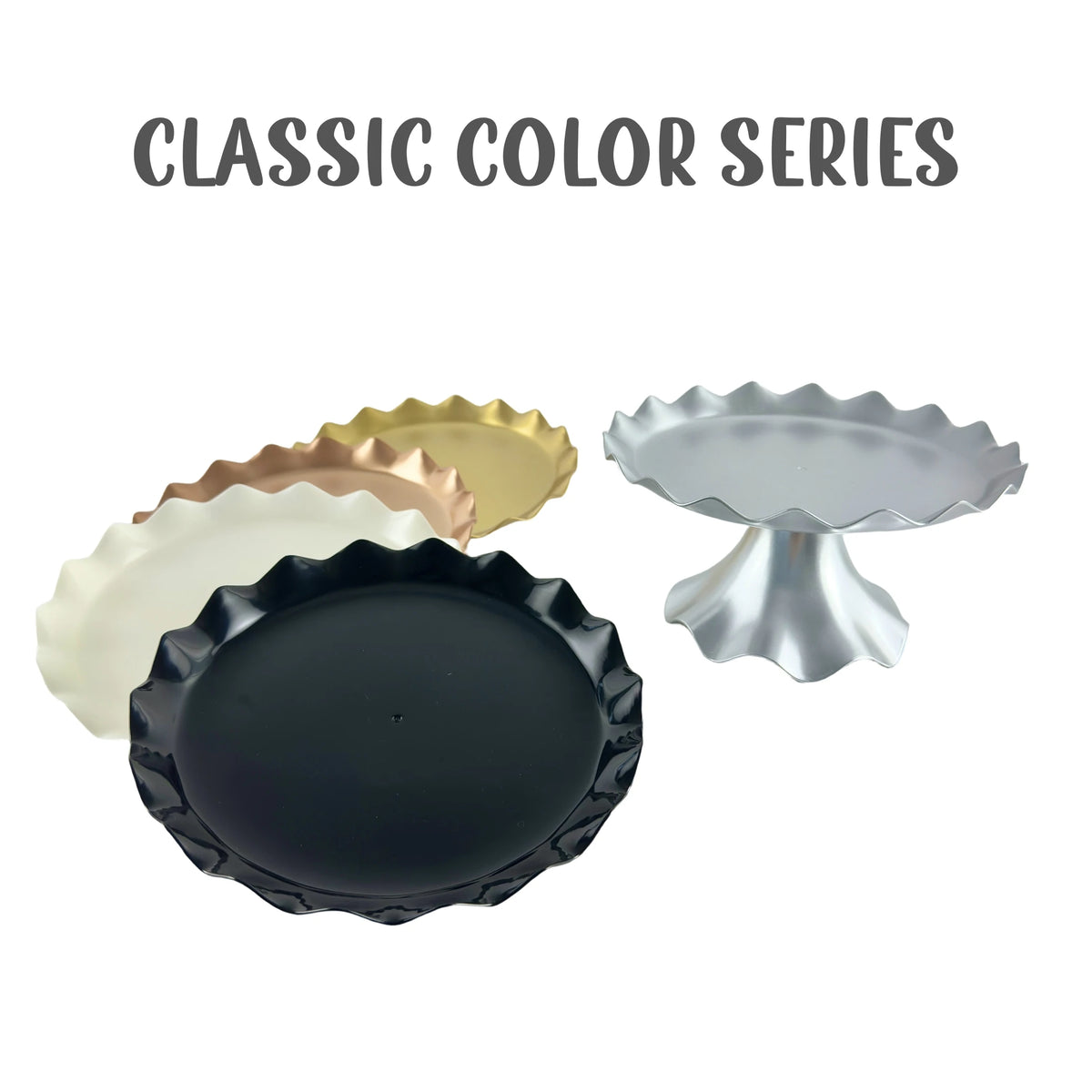 A collection of classic color plastic cake stands including gold, cream, and black finishes.