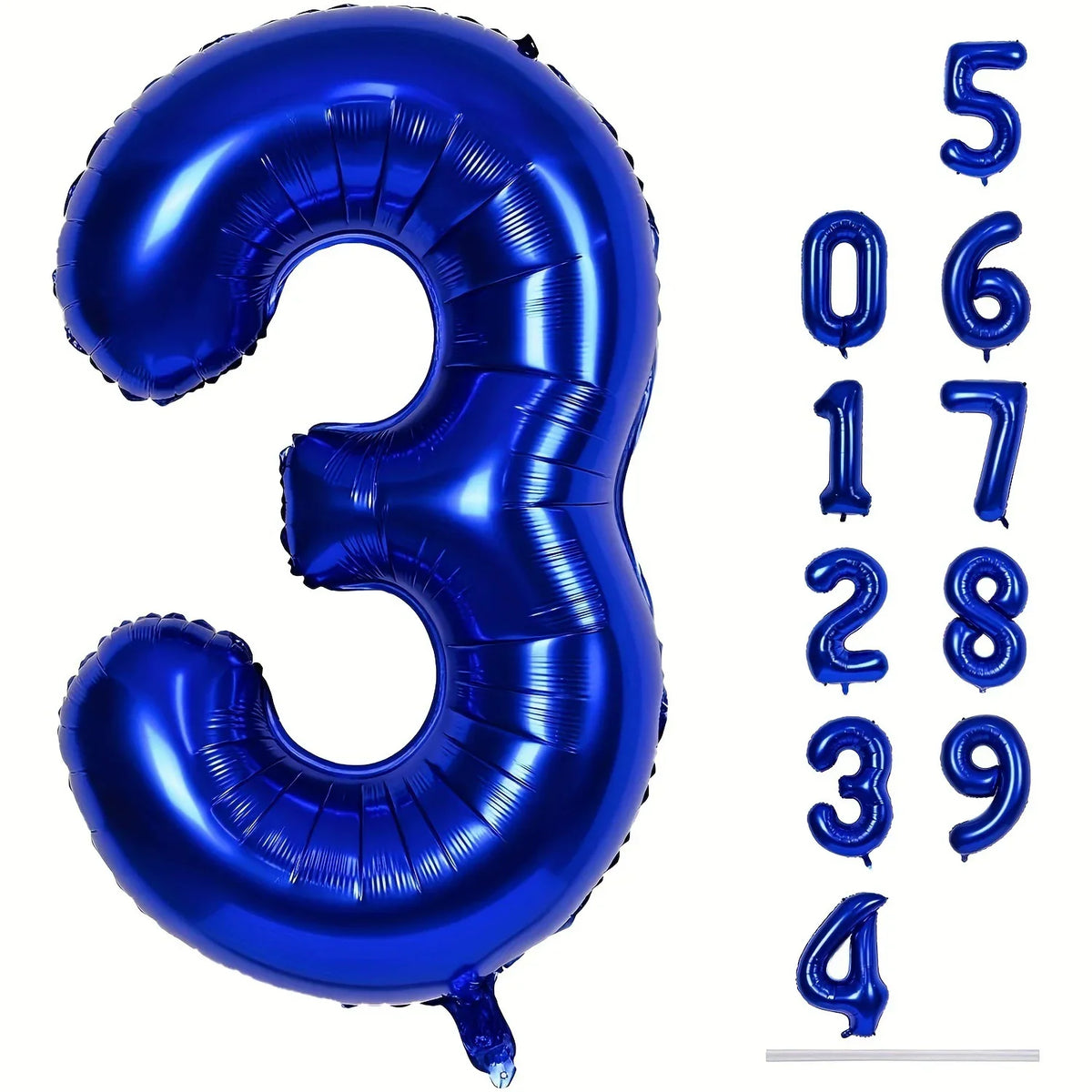 A large dark blue foil number balloon shaped like the number 3 for party decor.