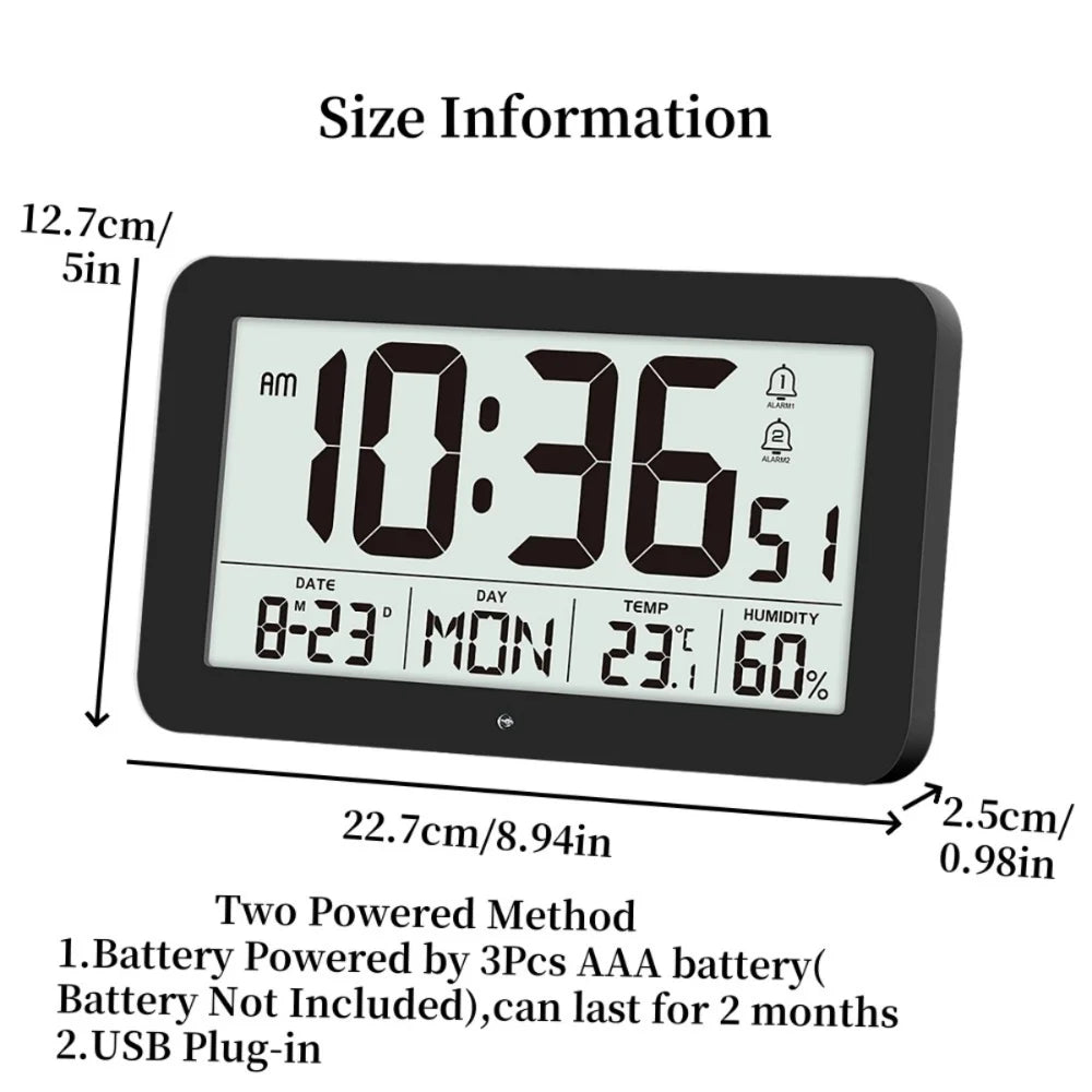 A black digital wall clock displaying the time 10:36, date 8-23, day MON, temperature 23°C, and humidity 60%.