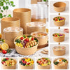 A set of eco-friendly kraft paper bowls with lids, some filled with colorful salads and meals.