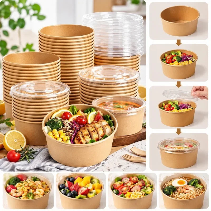 A set of eco-friendly kraft paper bowls with lids, some filled with colorful salads and meals.