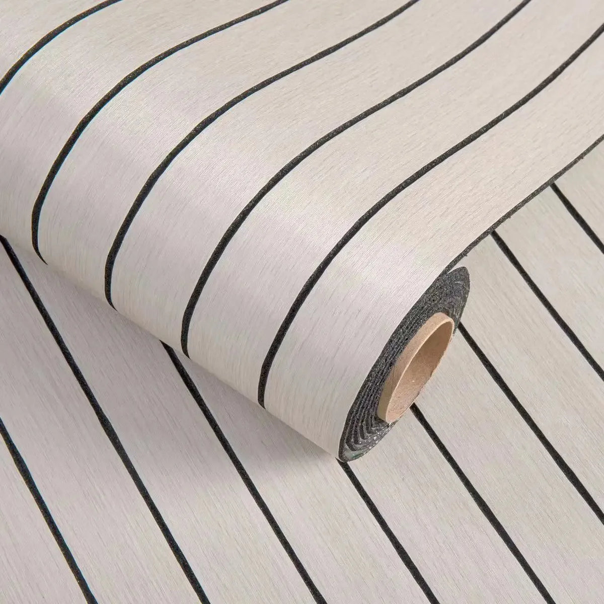Roll of self-adhesive 3D wood grain wall panels showing a striped pattern.