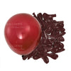 A cluster of deep burgundy latex balloons is shown next to a large, round red balloon.