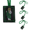 A set of multi-symbol Catholic pendant necklaces featuring a green fabric and gold medallion.