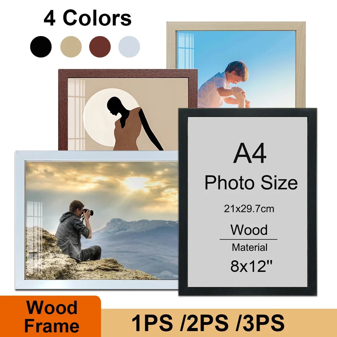A4 wood photo frame with four color options showing a landscape and a silhouette