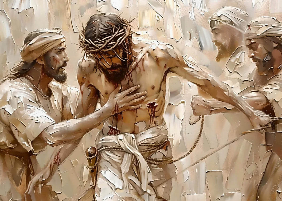 Peinture à l'huile d'un homme avec une couronne d'épines touché par une autre figure.