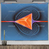 A vibrant blue tapestry wall hanging featuring an abstract orange geometric design with concentric black lines.