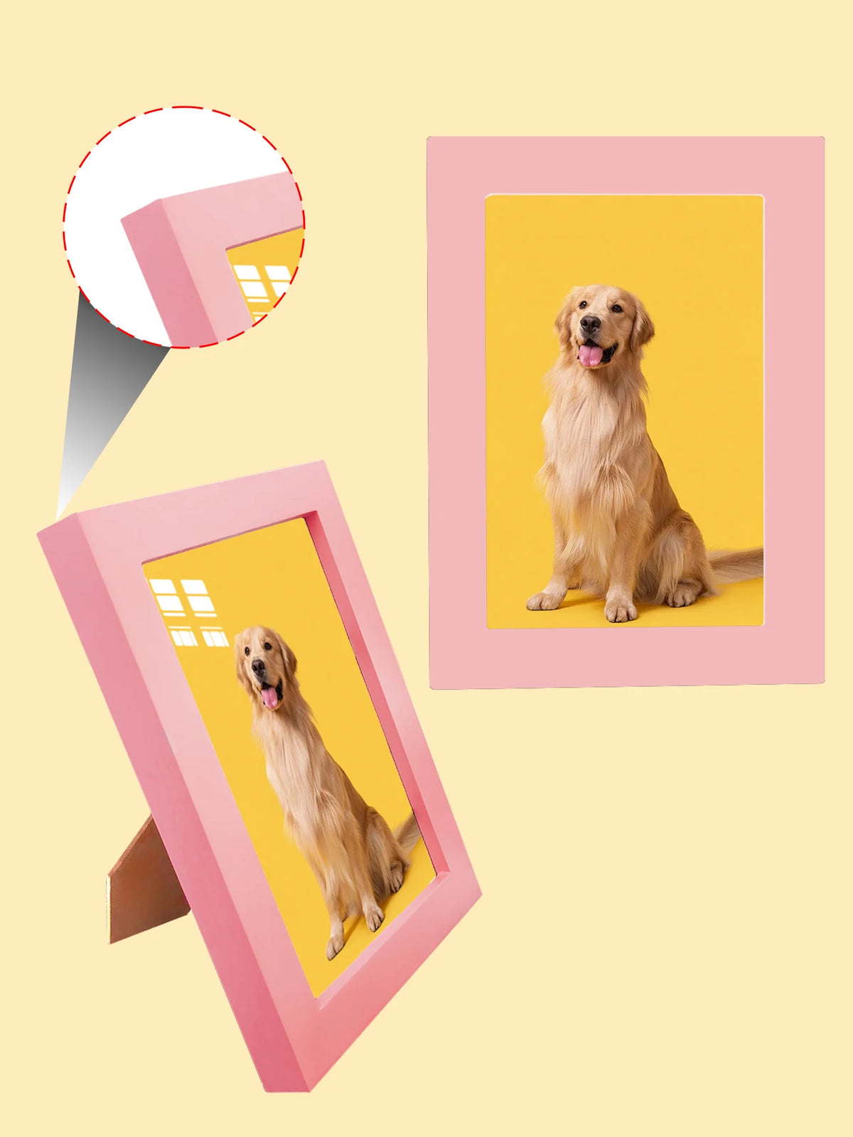 Two pink photo frames display images of golden retriever dogs against a light yellow background.