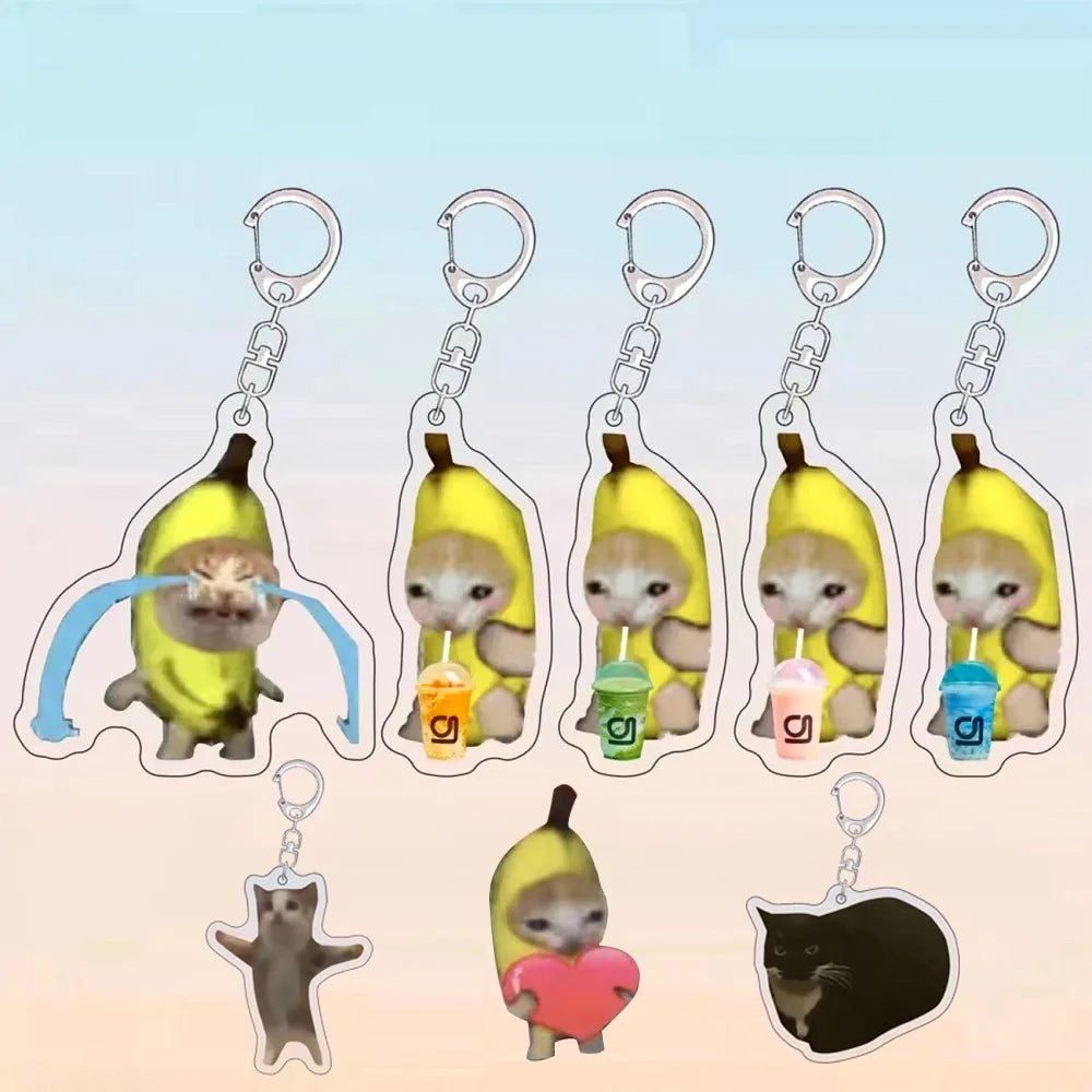 Acrylic keychain featuring a yellow banana cat and a black cat.