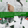 Five steps showing how to install a flocked artificial Christmas tree using accessories and a tree rod.