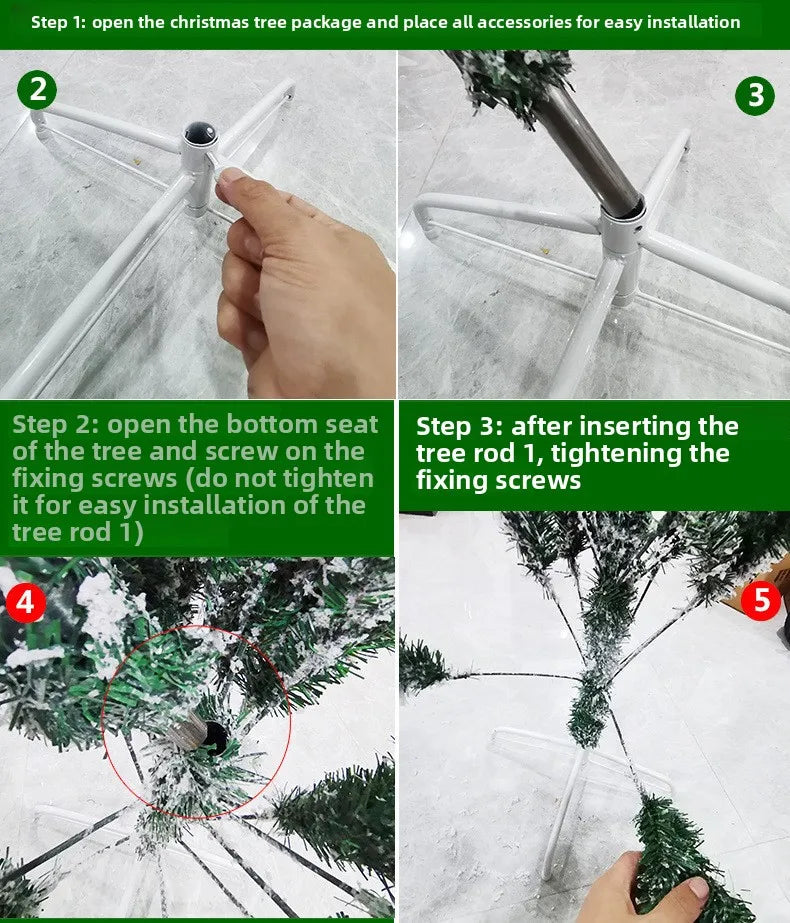 Five steps showing how to install a flocked artificial Christmas tree using accessories and a tree rod.
