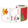 Roll of merry christmas decorative stickers for gift wrapping and tags featuring a snowman and Christmas tree designs