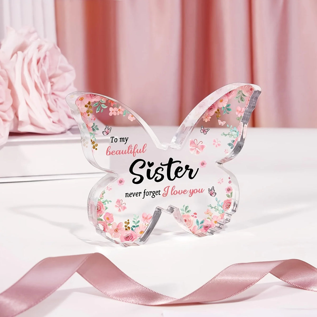 Clear pink butterfly acrylic keepsake gift for sister or best friend