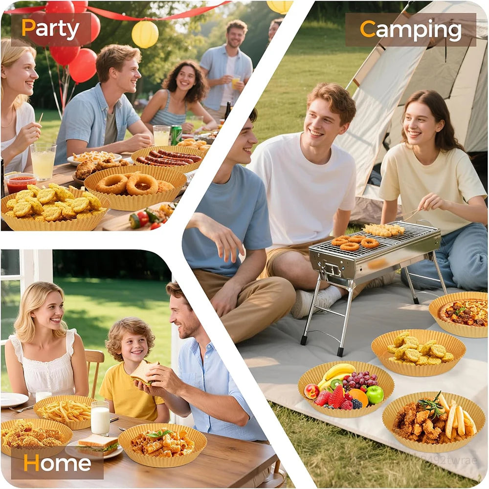 A collage showing various outdoor and indoor party scenes featuring food preparation and gatherings.