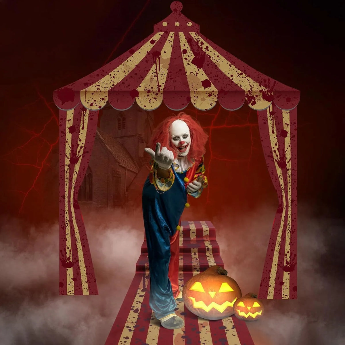A woman with red hair and white face wearing blue clothing stands in a doorway arch decorated with blood splatters against a 