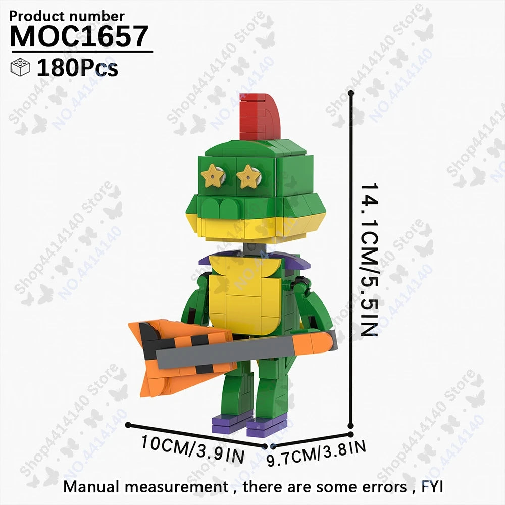 A green and yellow building block model of a character with an orange accessory, shown against a white background.