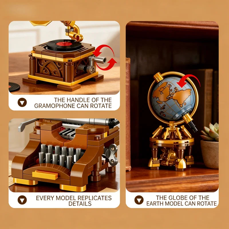 A set of vintage home building blocks featuring a gramophone and an Earth globe model.