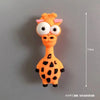 An orange cartoon giraffe head and neck with large eyes against a gray background.