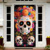 A door cover featuring a sugar skull design with vibrant flowers and papel picado details.