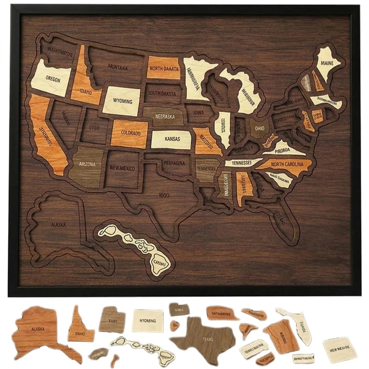Holz-USA-Landkarte Puzzle mit Staaten und Regionen, begleitet von verschiedenen Holzstickern.