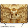 Golden tapestry of the Archangel Michael with large feathered wings and armor.