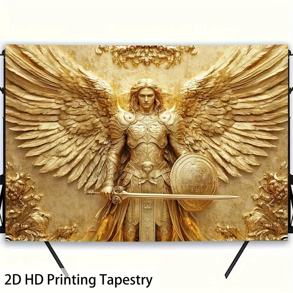 Golden tapestry of the Archangel Michael with large feathered wings and armor.