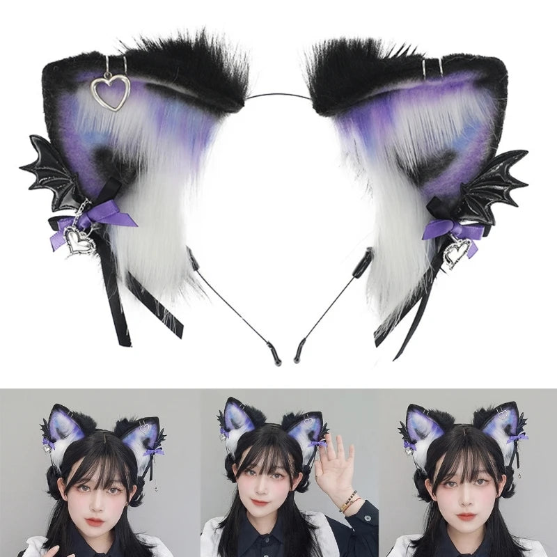 Pair of black and purple faux fur fox ears headband for cosplay and themed parties