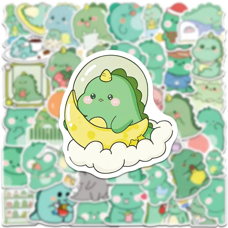 A collection of cute green dinosaur stickers and a large yellow dinosaur floating in a cloud.