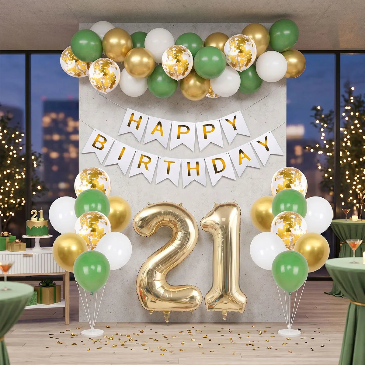 A backdrop featuring a green and gold balloon arch and banner for a birthday celebration.