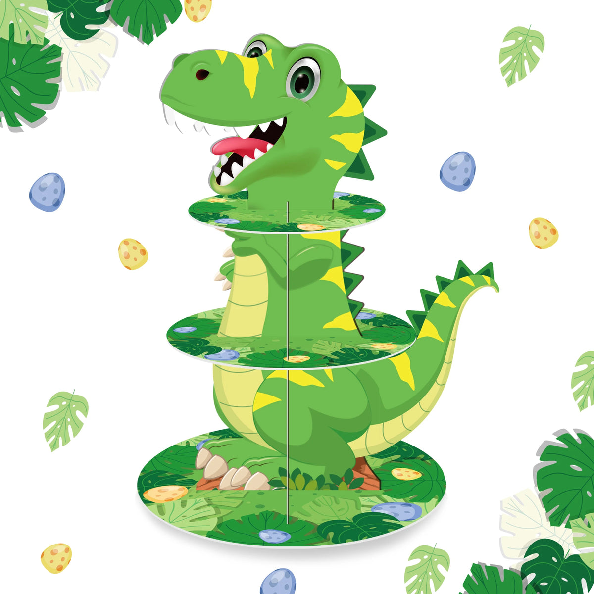 A green dinosaur figurine stands on a three-tiered stand decorated with green leaves and small eggs.